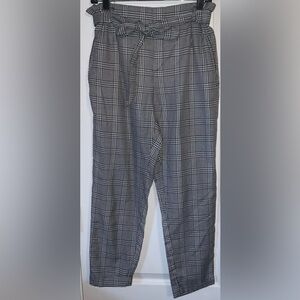 New Look Plaid Paperbag Pants High Waisted Trousers Tie Waist Black White Size M